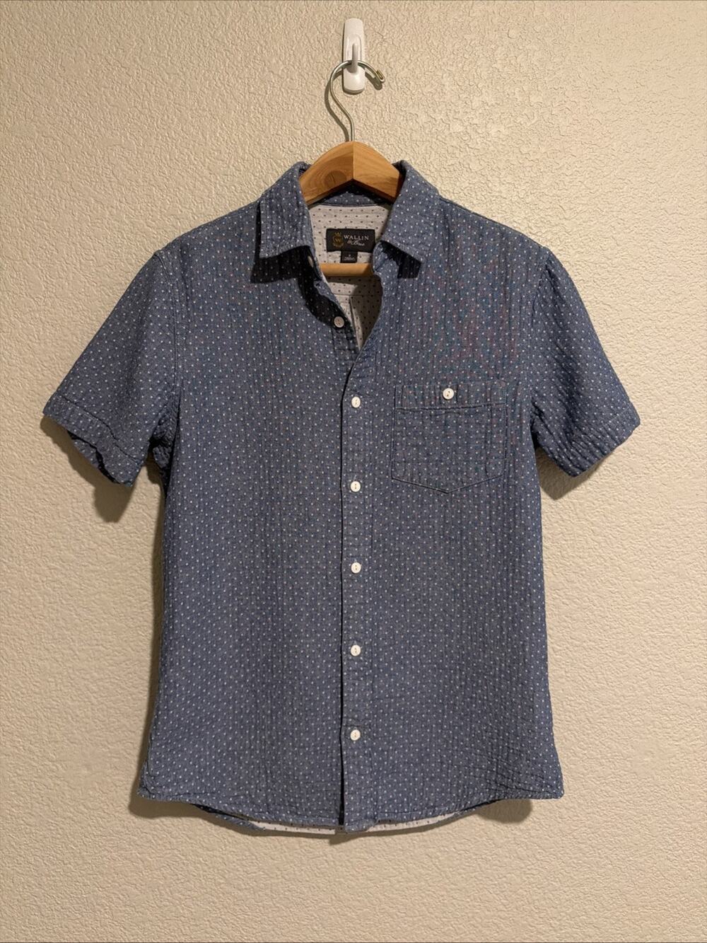 Wallin & Bros Mens Preppy Shirt Blue Button Up Short Sleeve Casual Cotton Top S